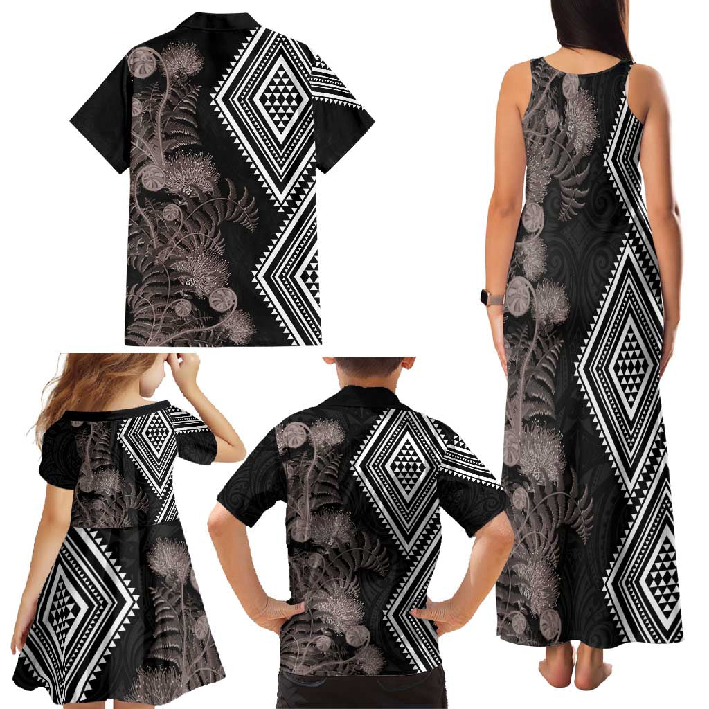 Aotearoa Tukutuku Motif Family Matching Tank Maxi Dress and Hawaiian Shirt Pohutukawa and Fern Leaves Grayscale Color LT03 - Polynesian Pride