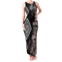 Aotearoa Tukutuku Motif Family Matching Tank Maxi Dress and Hawaiian Shirt Pohutukawa and Fern Leaves Grayscale Color LT03 Mom's Dress Black - Polynesian Pride
