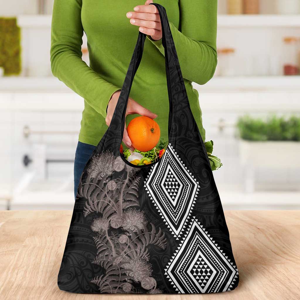 Aotearoa Tukutuku Motif Grocery Bag Pohutukawa and Fern Leaves Grayscale Color LT03 - Polynesian Pride