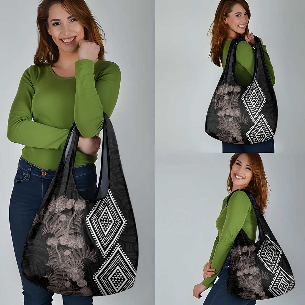 Aotearoa Tukutuku Motif Grocery Bag Pohutukawa and Fern Leaves Grayscale Color LT03 - Polynesian Pride