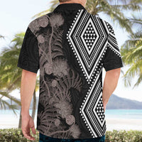 Aotearoa Tukutuku Motif Hawaiian Shirt Pohutukawa and Fern Leaves Grayscale Color