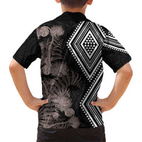 Aotearoa Tukutuku Motif Hawaiian Shirt Pohutukawa and Fern Leaves Grayscale Color