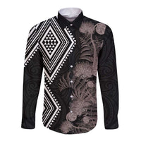 Aotearoa Tukutuku Motif Long Sleeve Button Shirt Pohutukawa and Fern Leaves Grayscale Color LT03 Unisex Black - Polynesian Pride