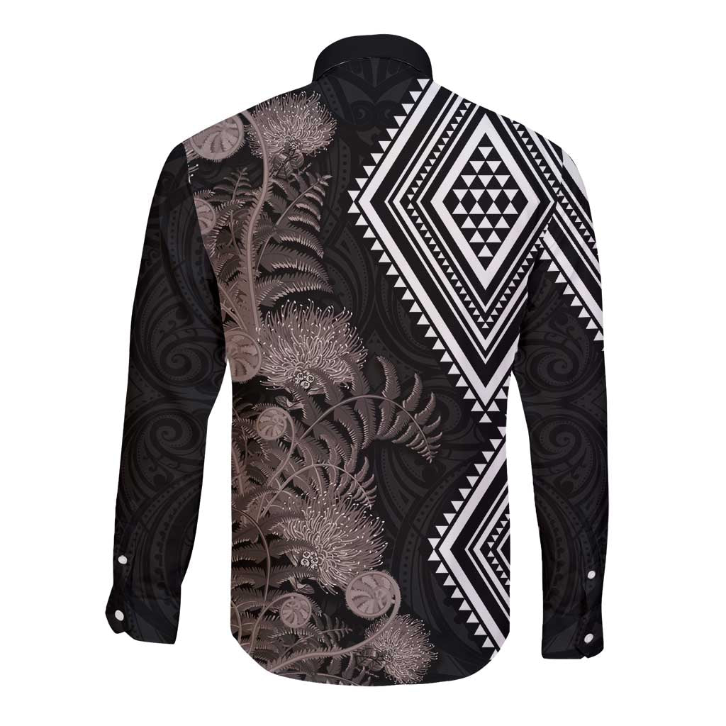 Aotearoa Tukutuku Motif Long Sleeve Button Shirt Pohutukawa and Fern Leaves Grayscale Color LT03 - Polynesian Pride