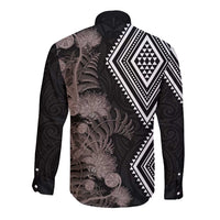 Aotearoa Tukutuku Motif Long Sleeve Button Shirt Pohutukawa and Fern Leaves Grayscale Color LT03 - Polynesian Pride
