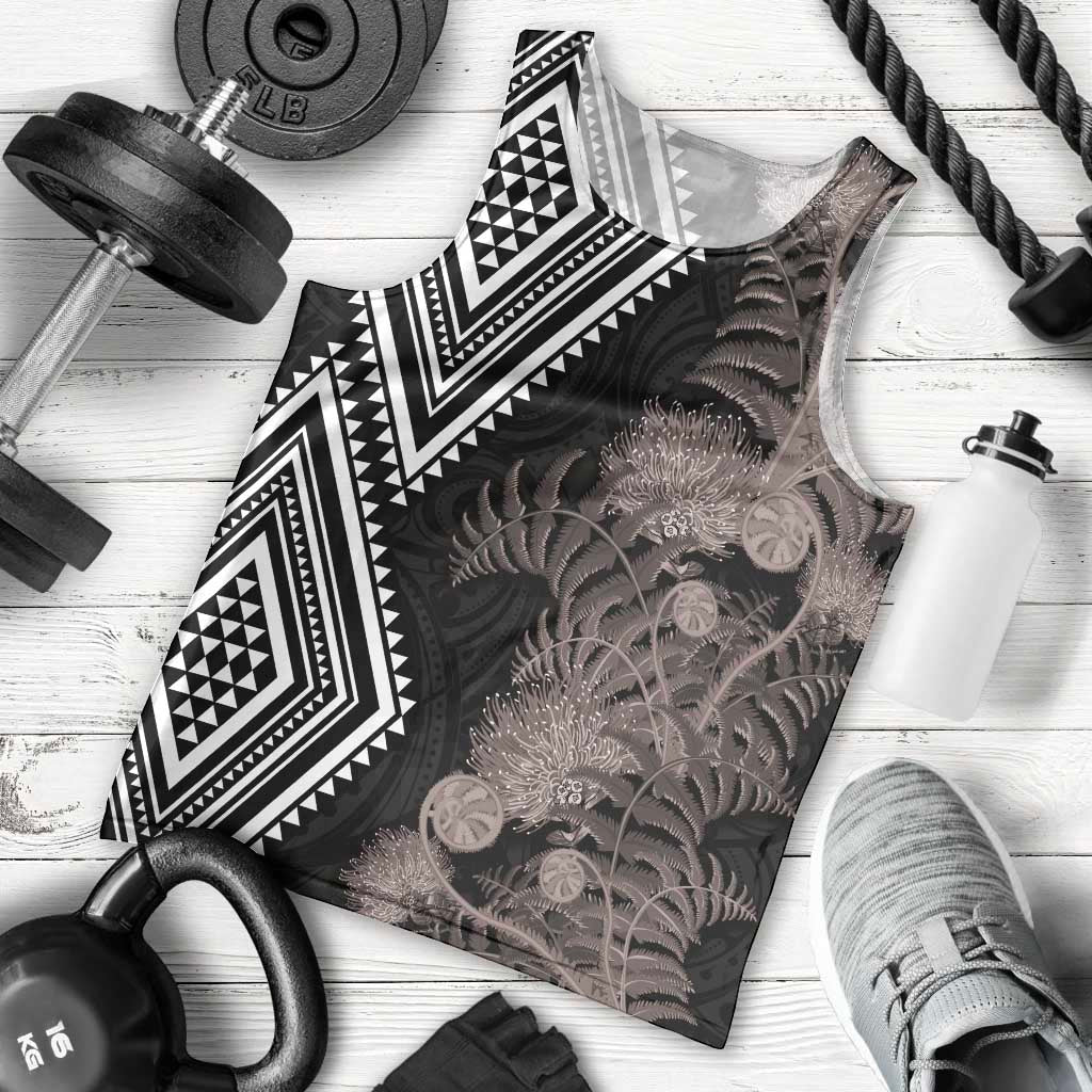 Aotearoa Tukutuku Motif Men Tank Top Pohutukawa and Fern Leaves Grayscale Color