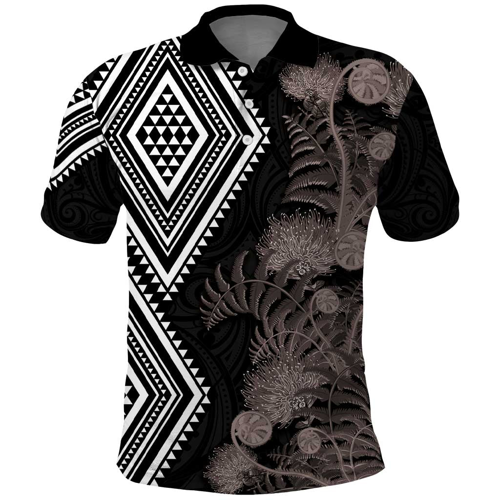 Aotearoa Tukutuku Motif Polo Shirt Pohutukawa and Fern Leaves Grayscale Color
