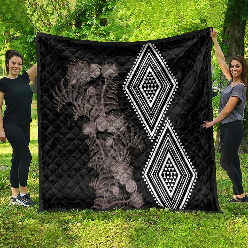 Aotearoa Tukutuku Motif Quilt Pohutukawa and Fern Leaves Grayscale Color LT03 - Polynesian Pride