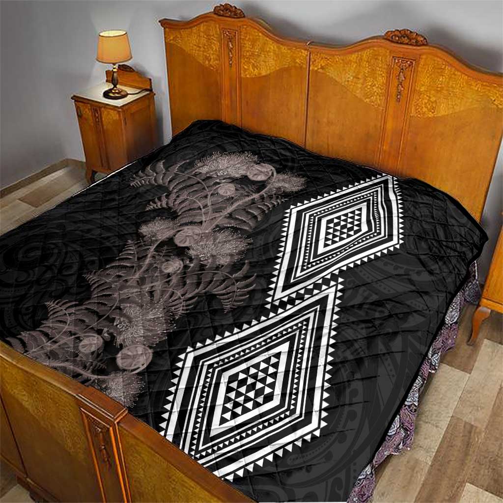 Aotearoa Tukutuku Motif Quilt Pohutukawa and Fern Leaves Grayscale Color LT03 - Polynesian Pride