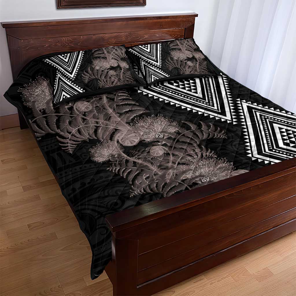 Aotearoa Tukutuku Motif Quilt Bed Set Pohutukawa and Fern Leaves Grayscale Color