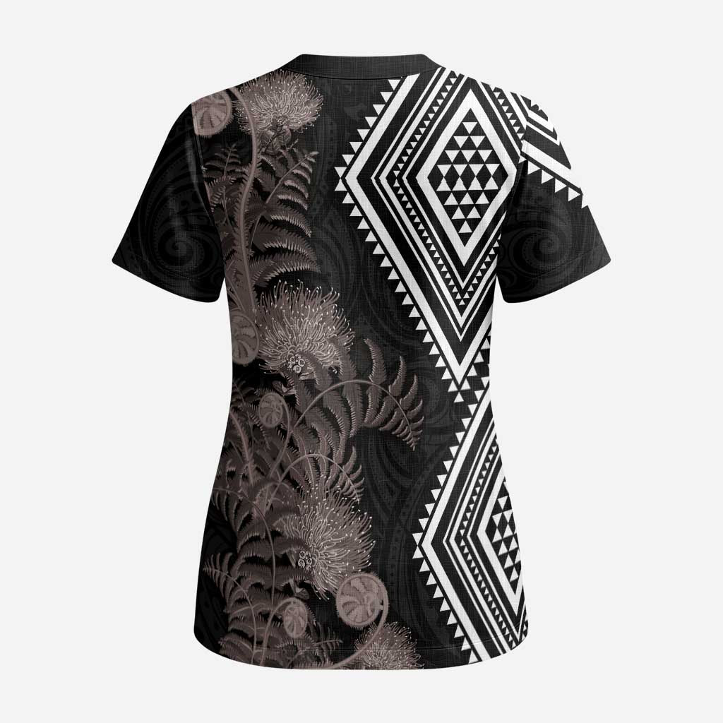 Aotearoa Tukutuku Motif Scrub Top Pohutukawa and Fern Leaves Grayscale Color - Polynesian Pride