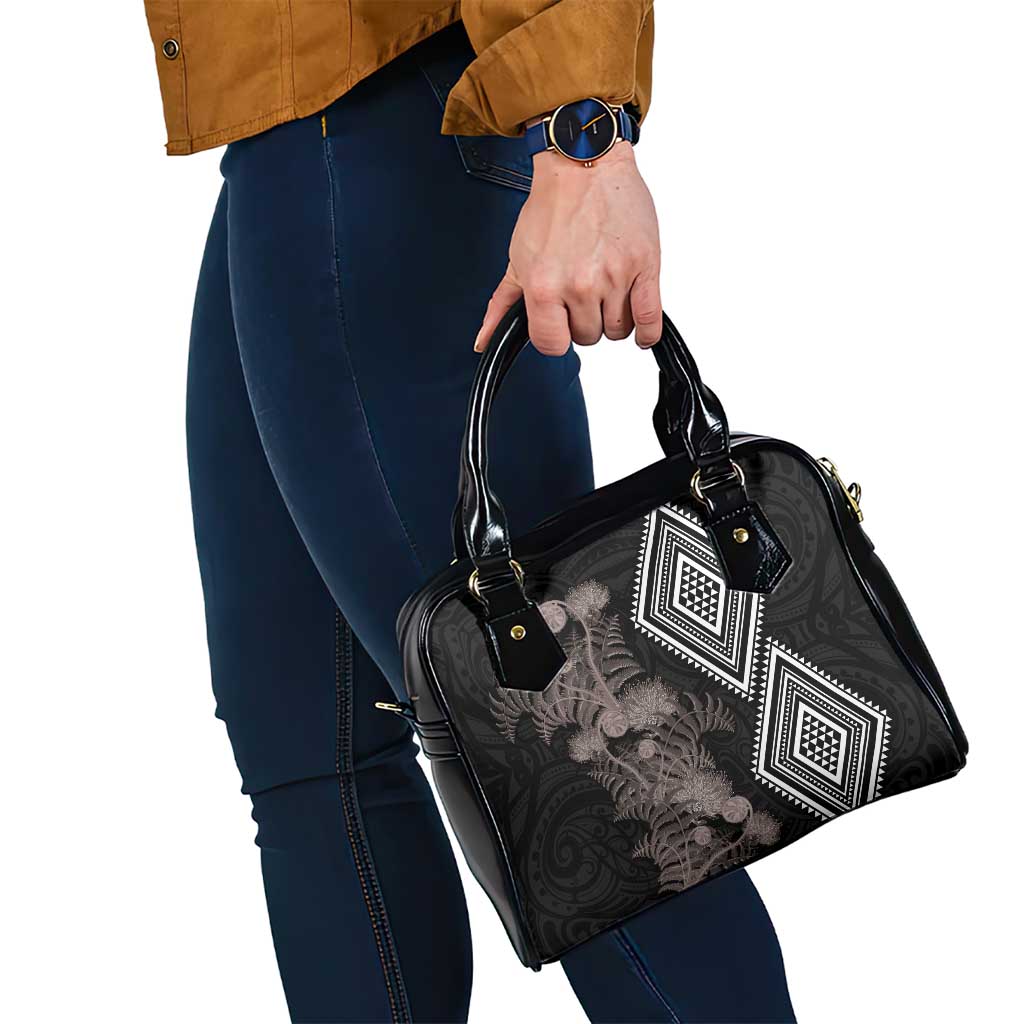 Aotearoa Tukutuku Motif Shoulder Handbag Pohutukawa and Fern Leaves Grayscale Color