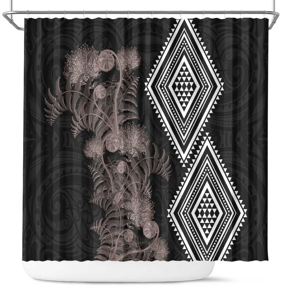 Aotearoa Tukutuku Motif Shower Curtain Pohutukawa and Fern Leaves Grayscale Color
