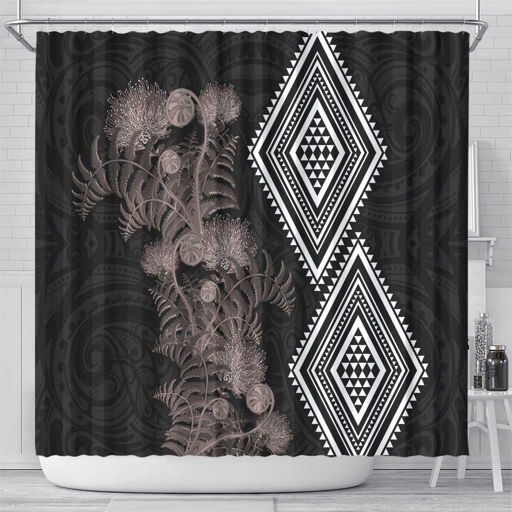 Aotearoa Tukutuku Motif Shower Curtain Pohutukawa and Fern Leaves Grayscale Color