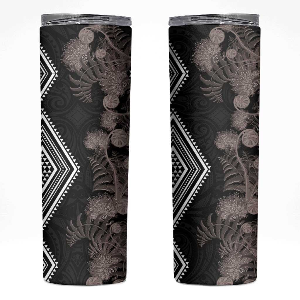 Aotearoa Tukutuku Motif Skinny Tumbler Pohutukawa and Fern Leaves Grayscale Color LT03 Black - Polynesian Pride