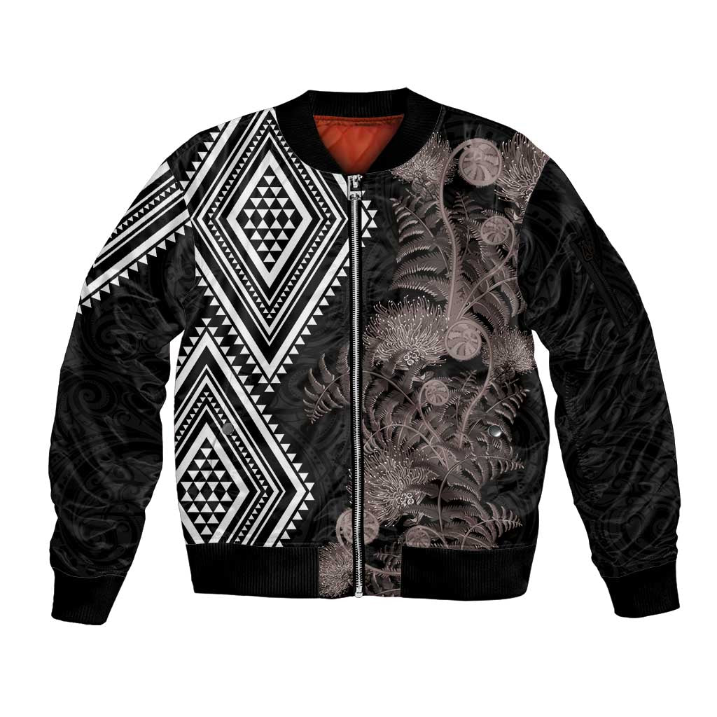 Aotearoa Tukutuku Motif Sleeve Zip Bomber Jacket Pohutukawa and Fern Leaves Grayscale Color