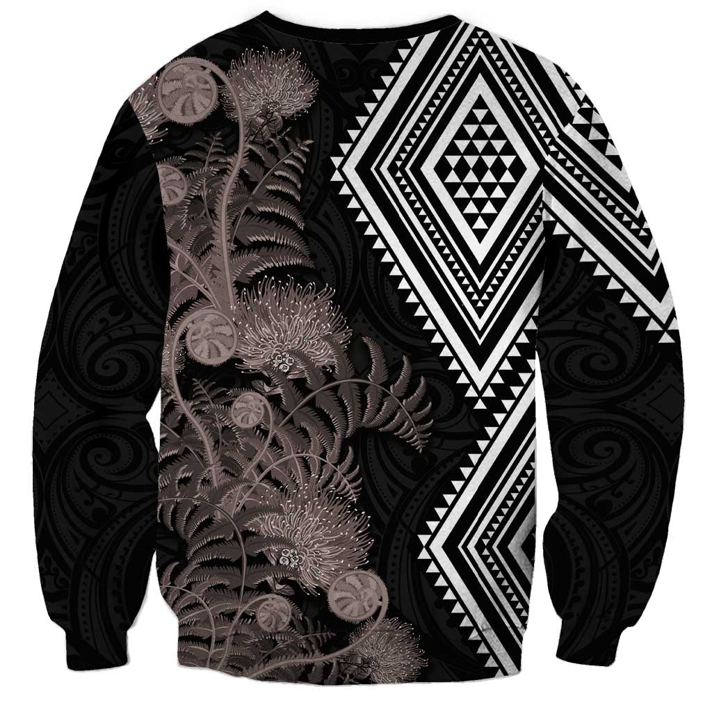 Aotearoa Tukutuku Motif Sweatshirt Pohutukawa and Fern Leaves Grayscale Color LT03 - Polynesian Pride