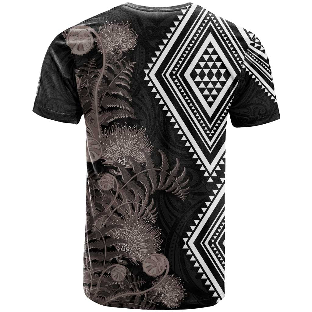 Aotearoa Tukutuku Motif T Shirt Pohutukawa and Fern Leaves Grayscale Color LT03 - Polynesian Pride