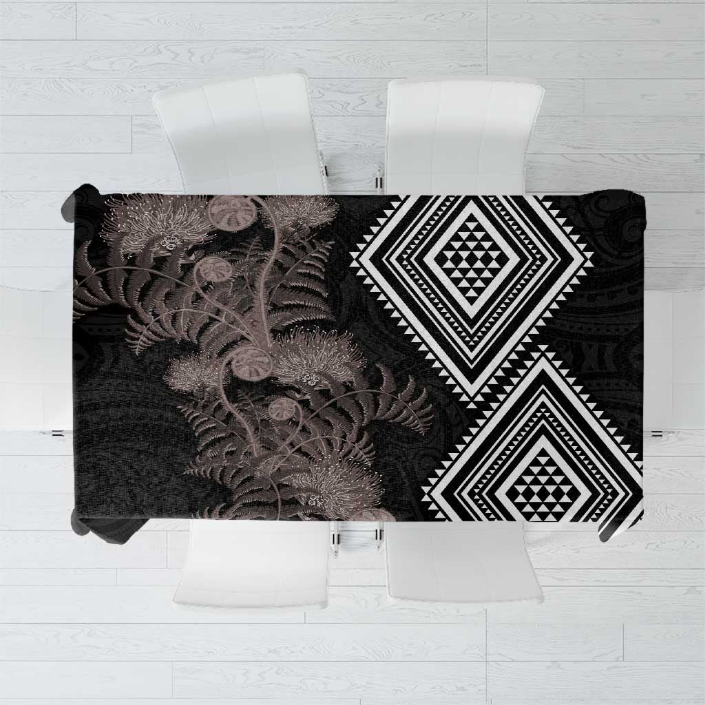 Aotearoa Tukutuku Motif Tablecloth Pohutukawa and Fern Leaves Grayscale Color LT03 Black - Polynesian Pride