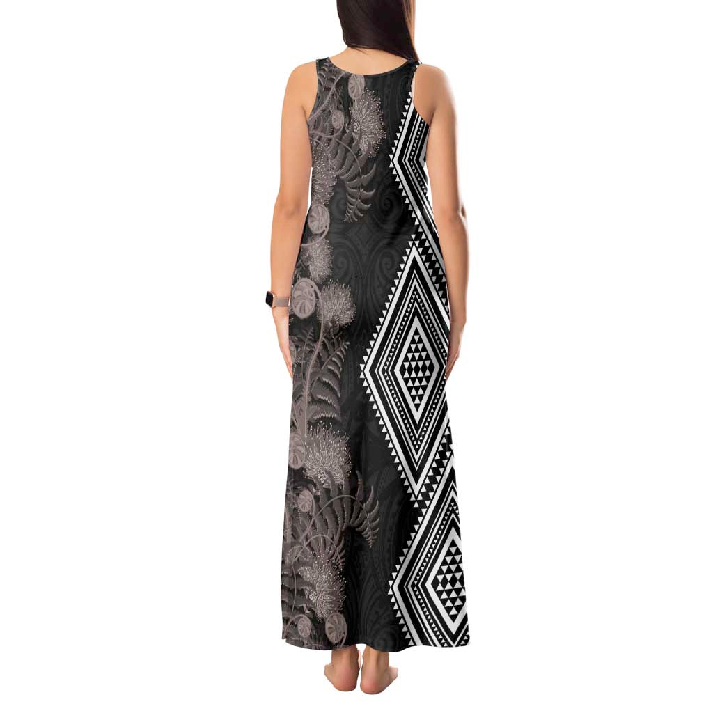 Aotearoa Tukutuku Motif Tank Maxi Dress Pohutukawa and Fern Leaves Grayscale Color