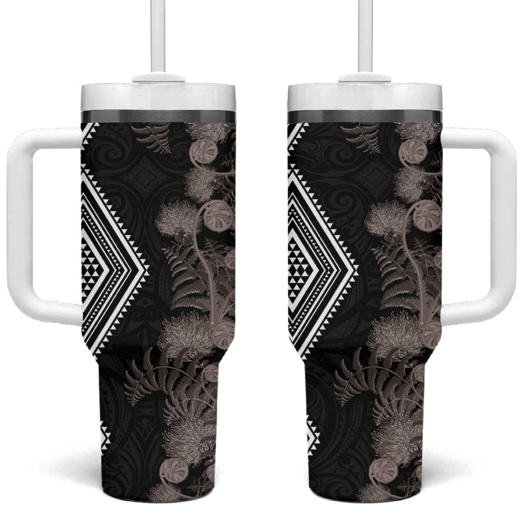 Aotearoa Tukutuku Motif Tumbler With Handle Pohutukawa and Fern Leaves Grayscale Color LT03 One Size: 40 oz Black - Polynesian Pride