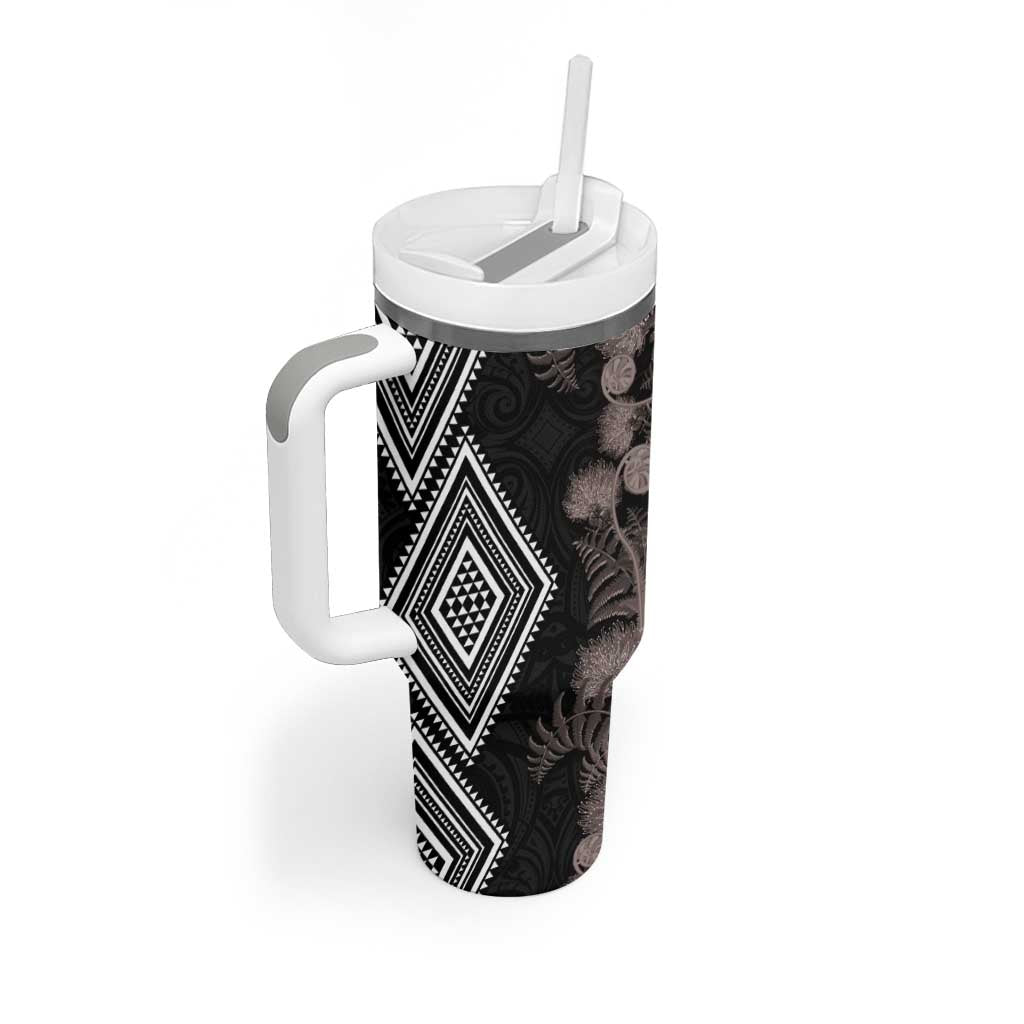 Aotearoa Tukutuku Motif Tumbler With Handle Pohutukawa and Fern Leaves Grayscale Color LT03 - Polynesian Pride