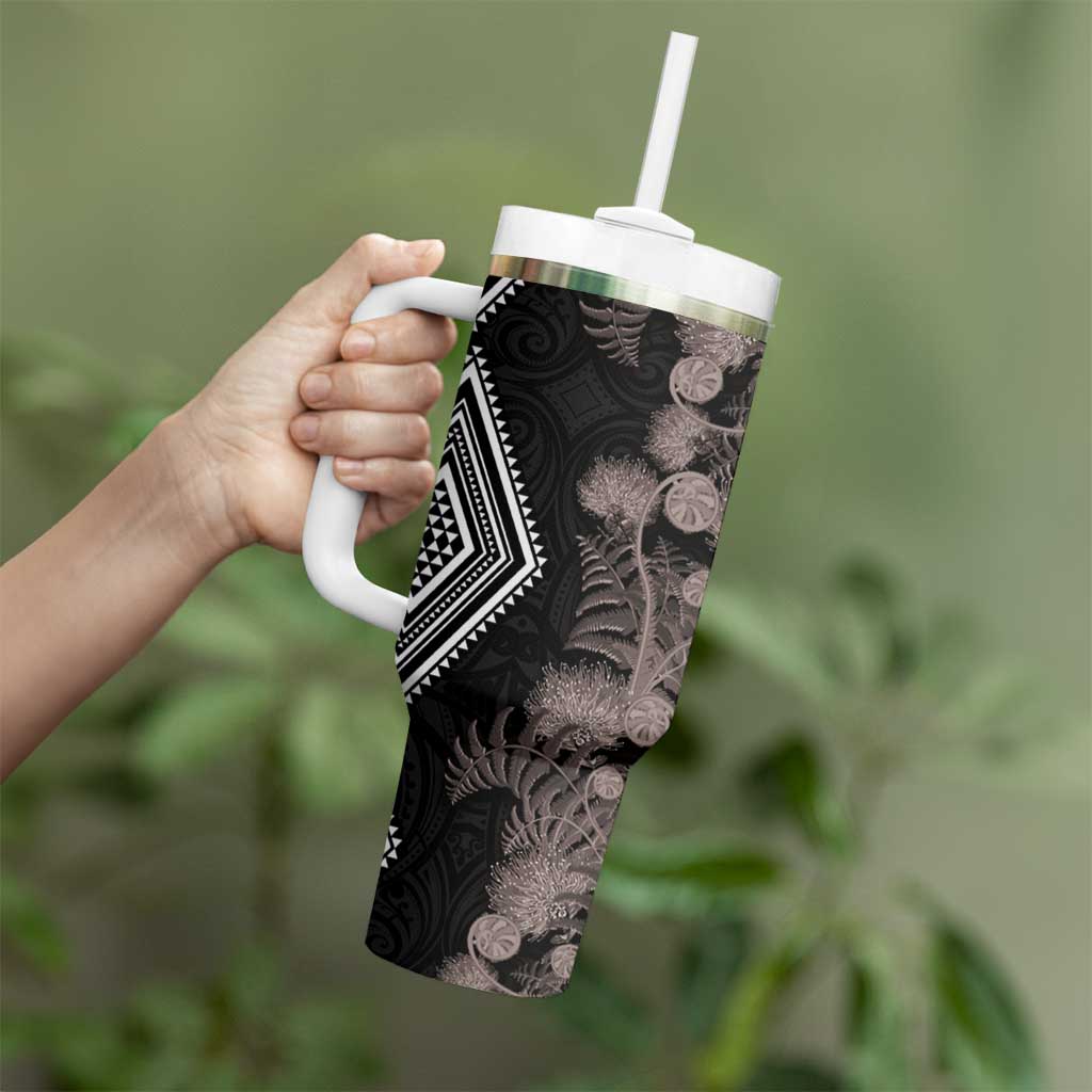 Aotearoa Tukutuku Motif Tumbler With Handle Pohutukawa and Fern Leaves Grayscale Color LT03 - Polynesian Pride