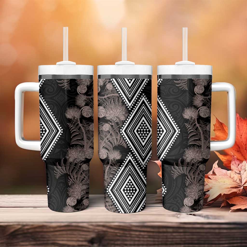 Aotearoa Tukutuku Motif Tumbler With Handle Pohutukawa and Fern Leaves Grayscale Color LT03 - Polynesian Pride