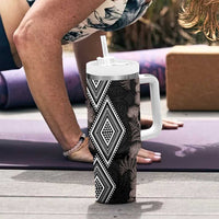 Aotearoa Tukutuku Motif Tumbler With Handle Pohutukawa and Fern Leaves Grayscale Color LT03 - Polynesian Pride
