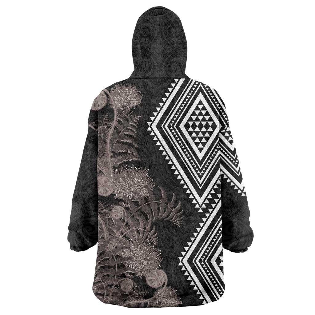 Aotearoa Tukutuku Motif Wearable Blanket Hoodie Pohutukawa and Fern Leaves Grayscale Color
