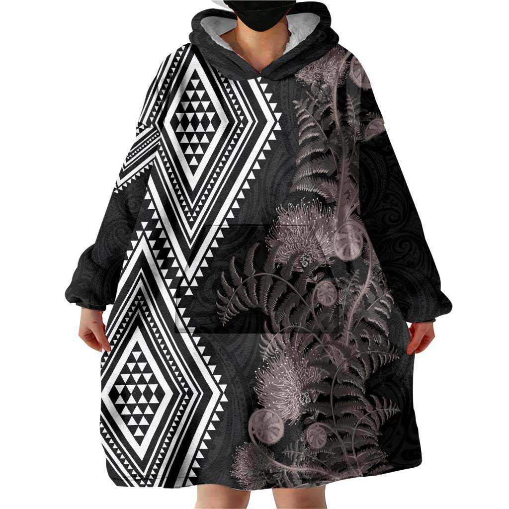 Aotearoa Tukutuku Motif Wearable Blanket Hoodie Pohutukawa and Fern Leaves Grayscale Color