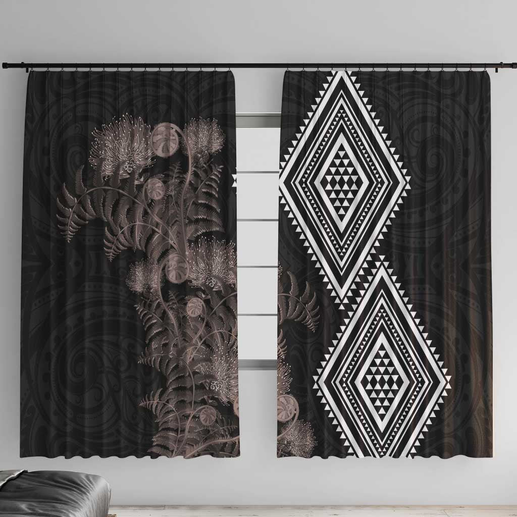 Aotearoa Tukutuku Motif Window Curtain Pohutukawa and Fern Leaves Grayscale Color
