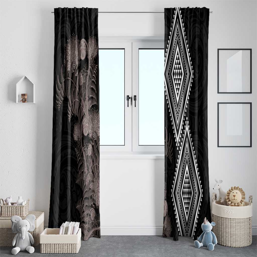 Aotearoa Tukutuku Motif Window Curtain Pohutukawa and Fern Leaves Grayscale Color