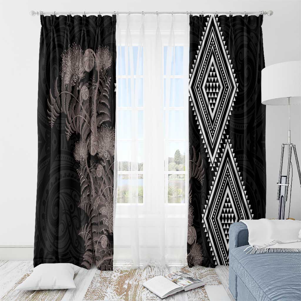 Aotearoa Tukutuku Motif Window Curtain Pohutukawa and Fern Leaves Grayscale Color