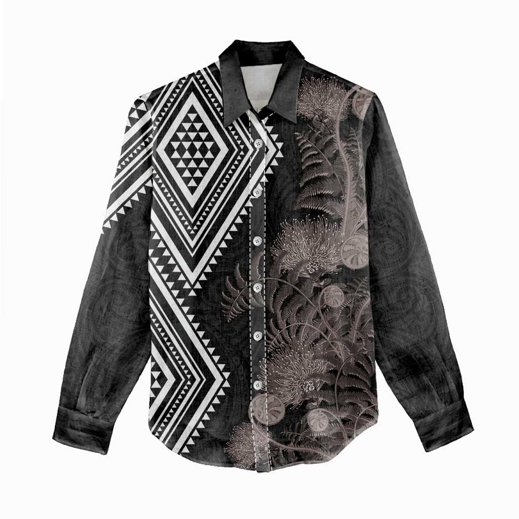 Aotearoa Tukutuku Motif Women Casual Shirt Pohutukawa and Fern Leaves Grayscale Color LT03 - Polynesian Pride