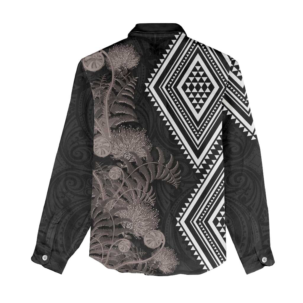 Aotearoa Tukutuku Motif Women Casual Shirt Pohutukawa and Fern Leaves Grayscale Color LT03 - Polynesian Pride