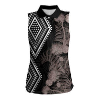 Aotearoa Tukutuku Motif Women Sleeveless Polo Shirt Pohutukawa and Fern Leaves Grayscale Color LT03 Female Black - Polynesian Pride