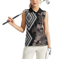 Aotearoa Tukutuku Motif Women Sleeveless Polo Shirt Pohutukawa and Fern Leaves Grayscale Color LT03 - Polynesian Pride