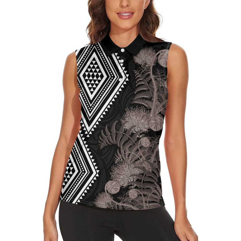 Aotearoa Tukutuku Motif Women Sleeveless Polo Shirt Pohutukawa and Fern Leaves Grayscale Color LT03 - Polynesian Pride