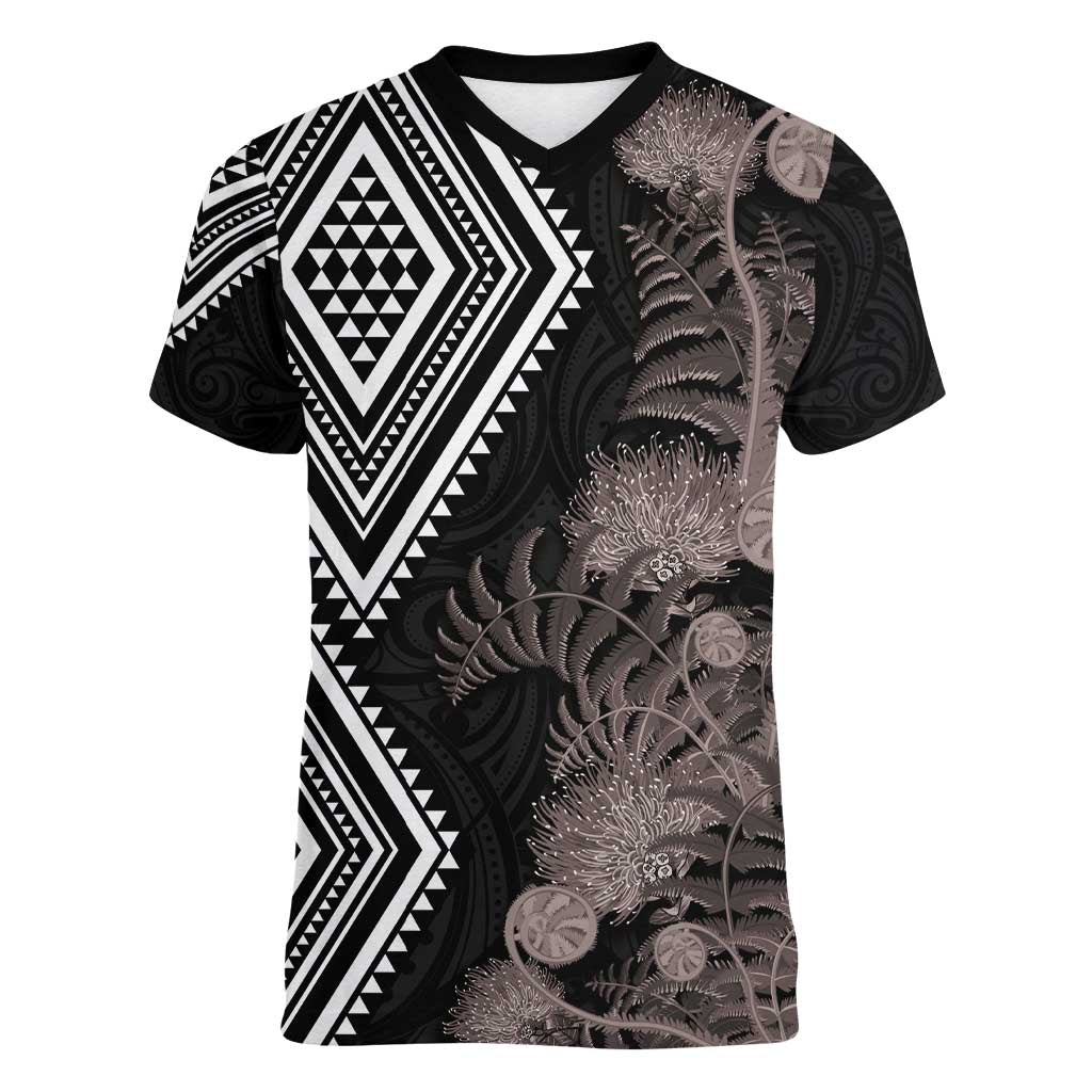 Aotearoa Tukutuku Motif Women V-Neck T-Shirt Pohutukawa and Fern Leaves Grayscale Color LT03 Female Black - Polynesian Pride