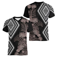 Aotearoa Tukutuku Motif Women V-Neck T-Shirt Pohutukawa and Fern Leaves Grayscale Color LT03 - Polynesian Pride