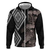 Aotearoa Tukutuku Motif Zip Hoodie Pohutukawa and Fern Leaves Grayscale Color