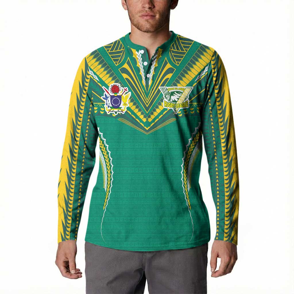 Custom Cook Islands Rugby Button Sweatshirt Tatau Art Sport Style Green Color