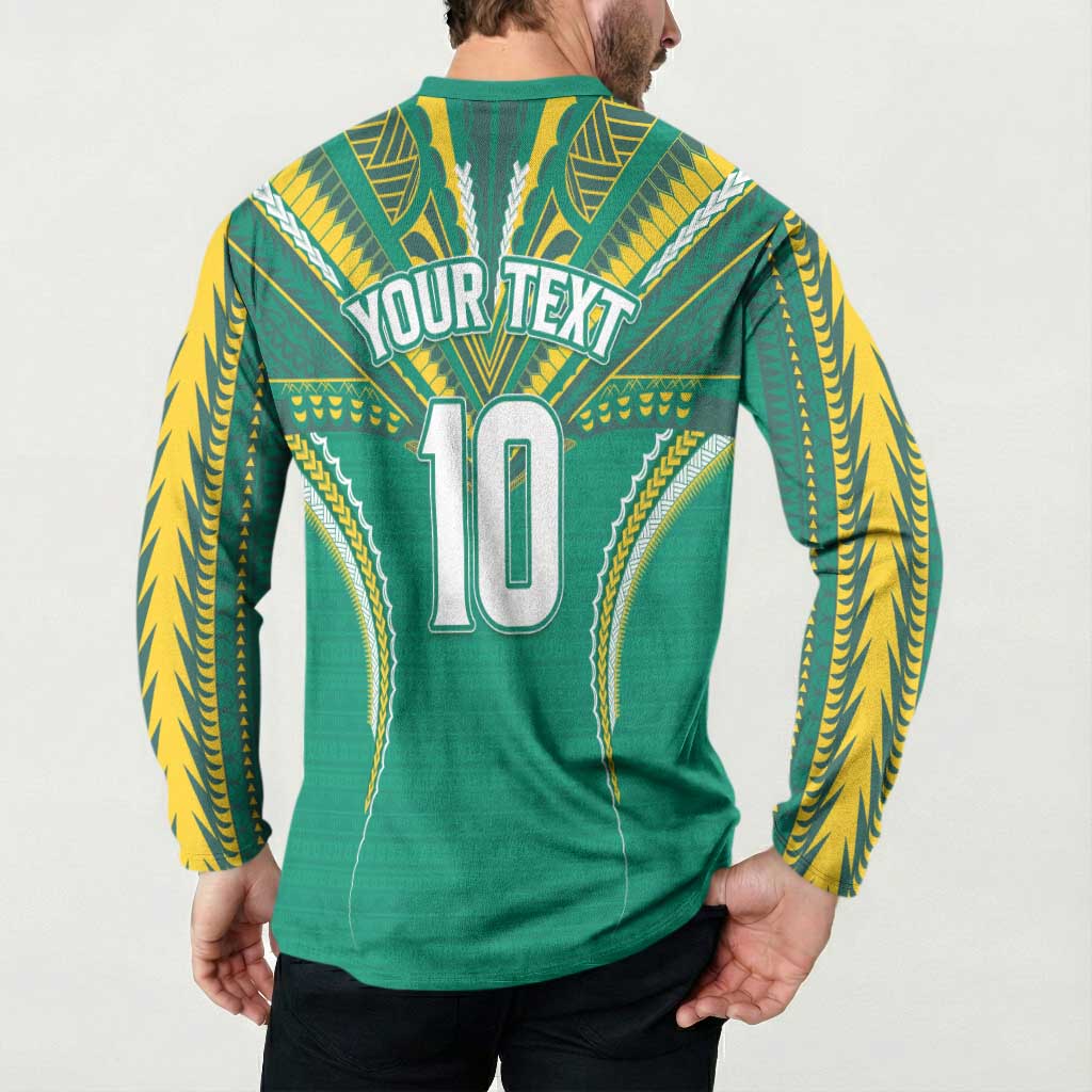 Custom Cook Islands Rugby Button Sweatshirt Tatau Art Sport Style Green Color