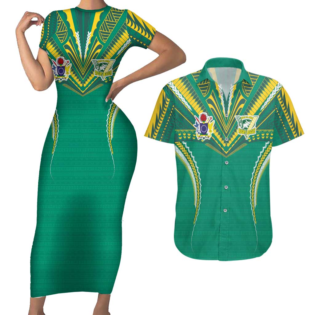 Custom Cook Islands Rugby Couples Matching Short Sleeve Bodycon Dress and Hawaiian Shirt Tatau Art Sport Style Green Color LT03 Green - Polynesian Pride