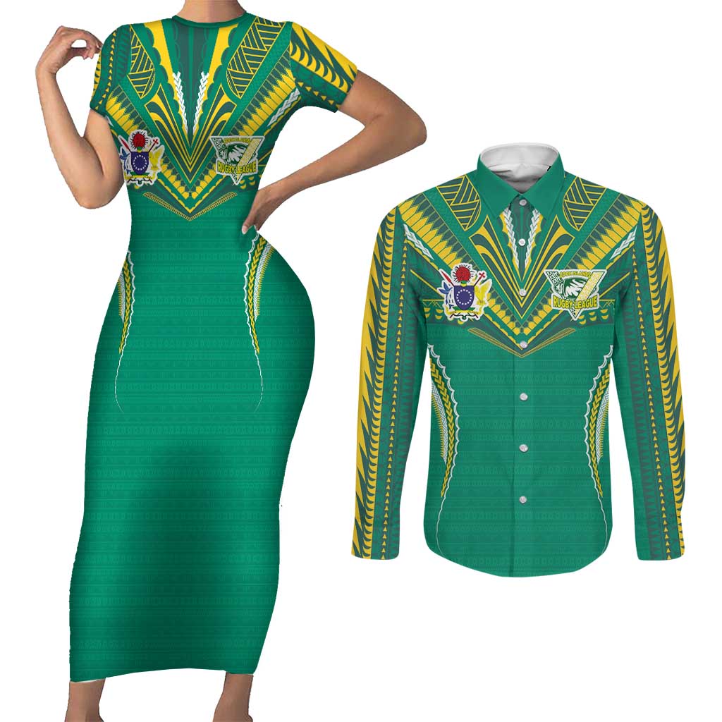 Custom Cook Islands Rugby Couples Matching Short Sleeve Bodycon Dress and Long Sleeve Button Shirt Tatau Art Sport Style Green Color LT03 Green - Polynesian Pride