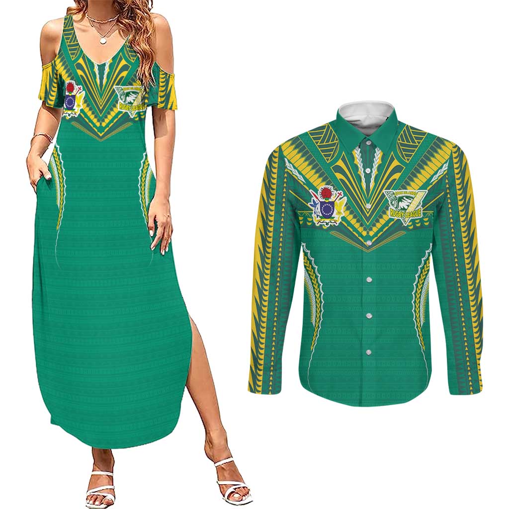 Custom Cook Islands Rugby Couples Matching Summer Maxi Dress and Long Sleeve Button Shirt Tatau Art Sport Style Green Color