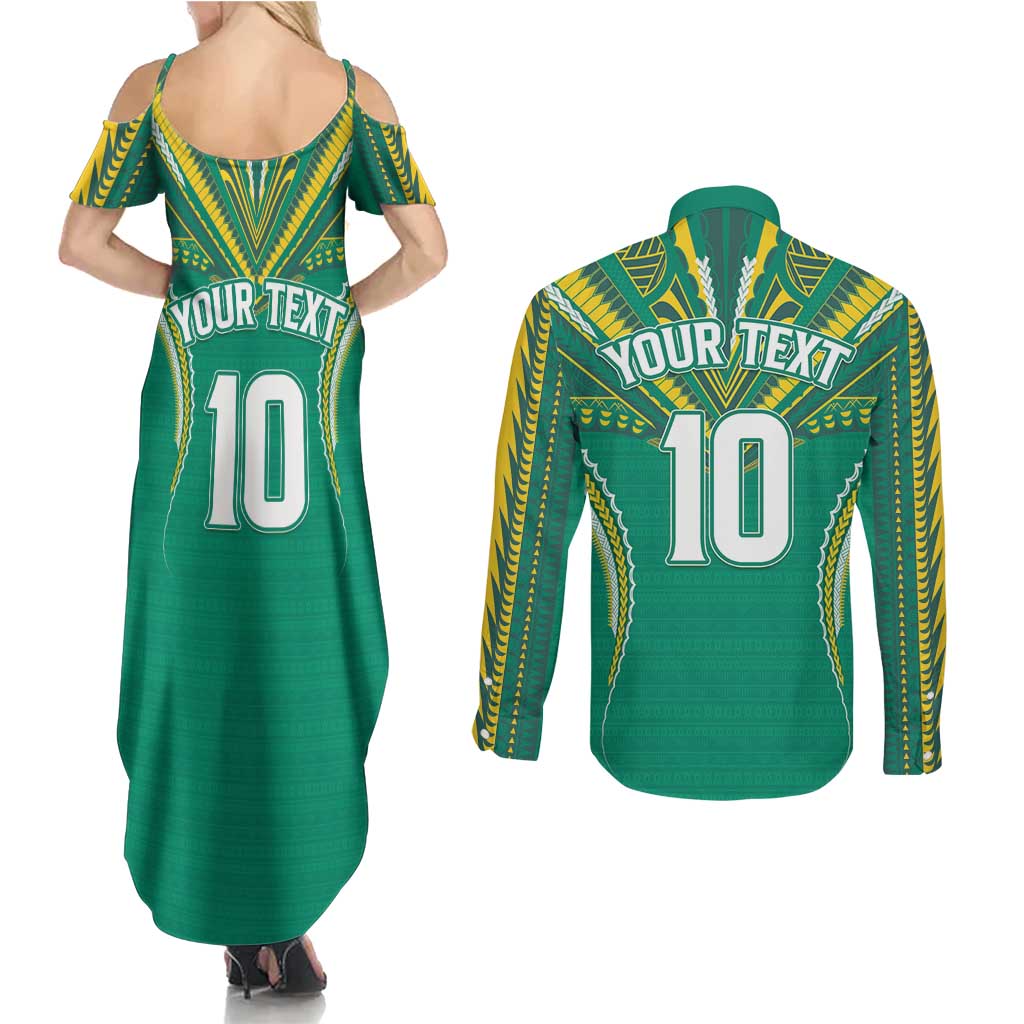 Custom Cook Islands Rugby Couples Matching Summer Maxi Dress and Long Sleeve Button Shirt Tatau Art Sport Style Green Color