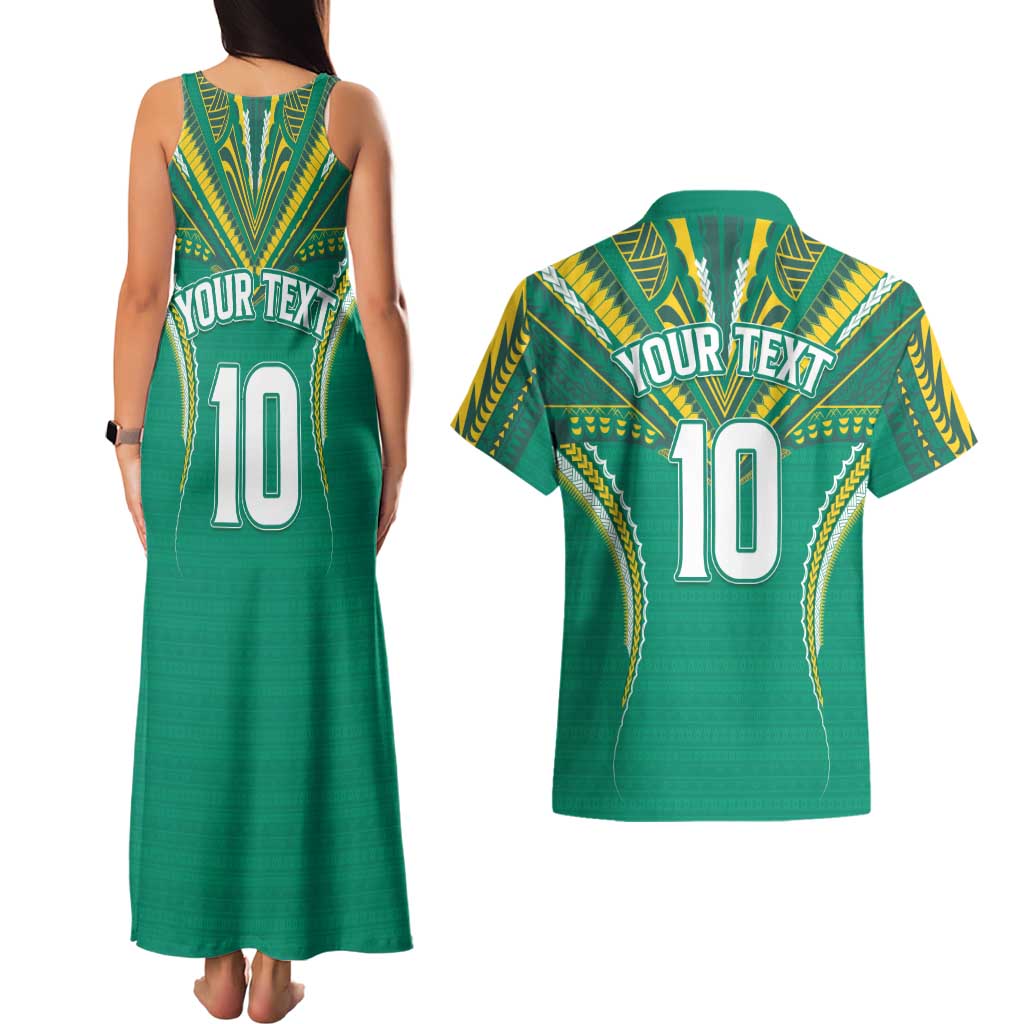 Custom Cook Islands Rugby Couples Matching Tank Maxi Dress and Hawaiian Shirt Tatau Art Sport Style Green Color LT03 - Polynesian Pride