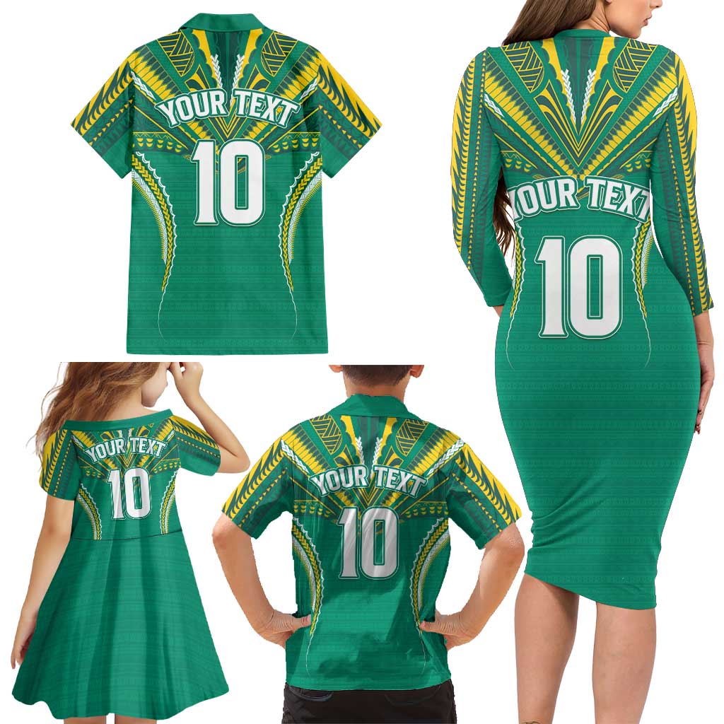 Custom Cook Islands Rugby Family Matching Long Sleeve Bodycon Dress and Hawaiian Shirt Tatau Art Sport Style Green Color LT03 - Polynesian Pride